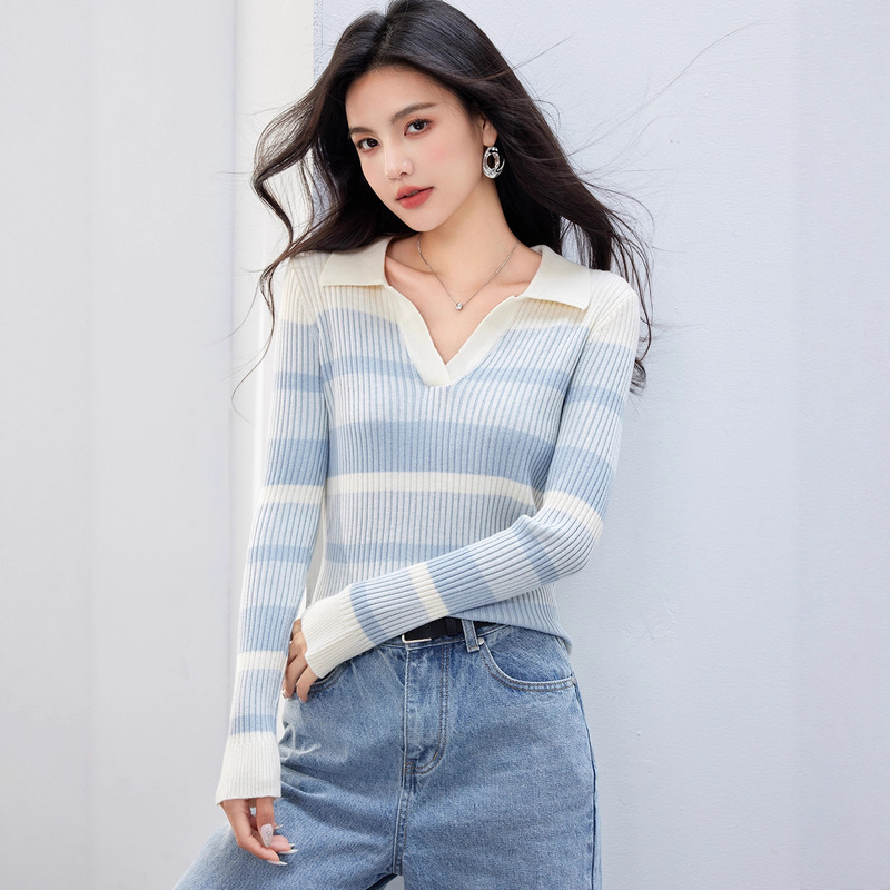 超好看v领渐变条纹针织衫上衣女秋季百搭显瘦设计感长袖打底上衣|undefined