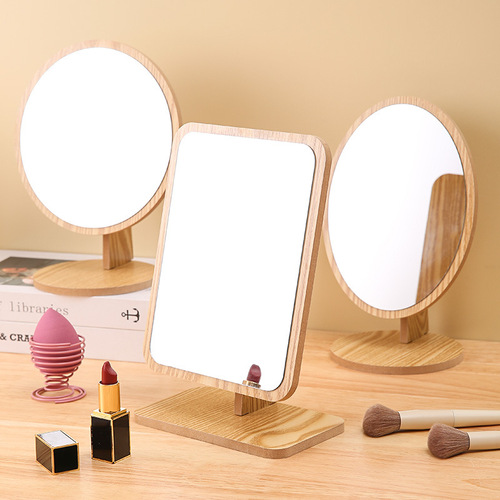 Wooden makeup mirror can be spliced ​​rotating mirror desktop high-definition mirror desktop makeup mirror large princess makeup mirror