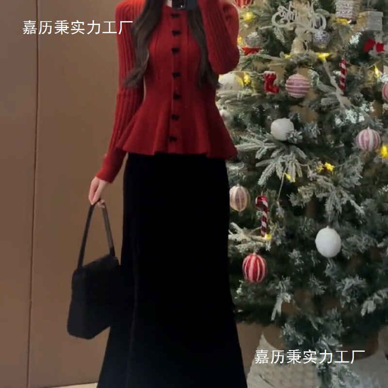 Festive Atmosphere New Year Outfit Suit for Women Autumn and Winter Velvet Fishtail Skirt with Red Sweater Two-Piece Suit