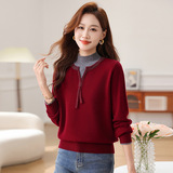 羊毛撞色半开领长袖羊毛衫假两件时尚休闲显瘦内搭秋冬打底衫女，女装针织衫/毛衣，妃慕昵服饰