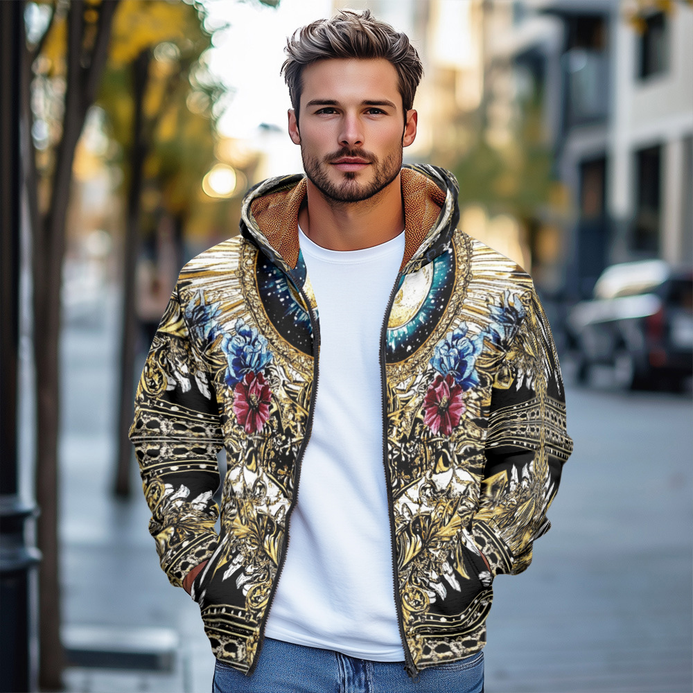 Giacca in cotone spesso con cappuccio e cerniera da uomo, stile europeo stampato, autunno/inverno 2024_voghion.com