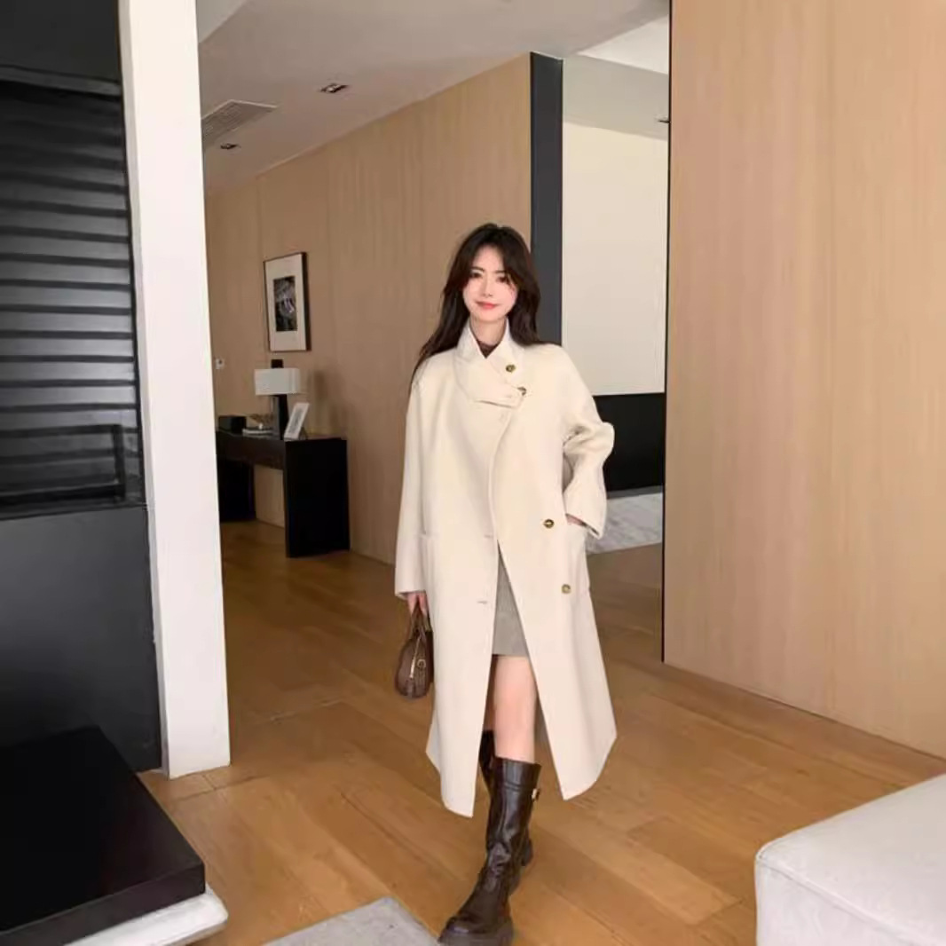 8007 가을과 겨울 새로운 캐시미어 양모 코트 하이 엔드 디자인 느낌 스탠드 칼라 롱 코트