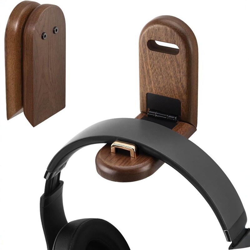 Wooden Wall-Mounted Headphone Stand Foldable Computer Desk Headset Solid Wood Storage Rack Decorative Ornaments