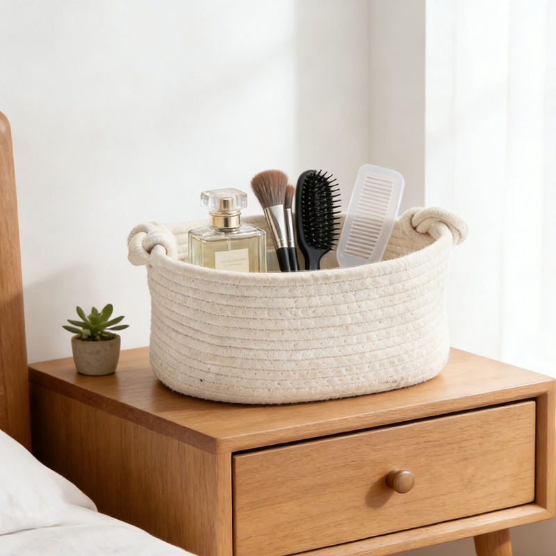 Cotton rope storage basket hand-woven decorative basket desktop snack living room bedroom skin care storage basket with knotted hand