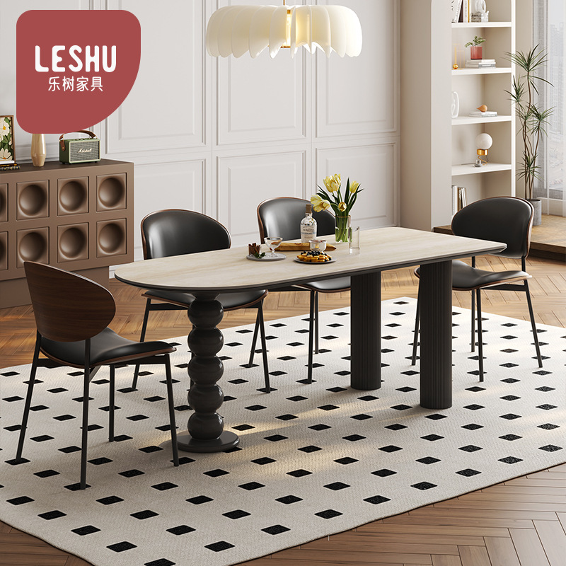 French Retro Slate Dining Table High-End Dining Table Slate Small Apartment Designer Creative Semi-Elliptical Island Dining Table and Chairs