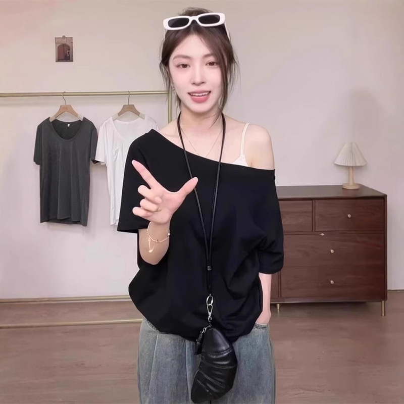 Women's Slant Shoulder Short-sleeved T-shirt Shoulder Lazy Style Slimming Casual Wide Loose Summer