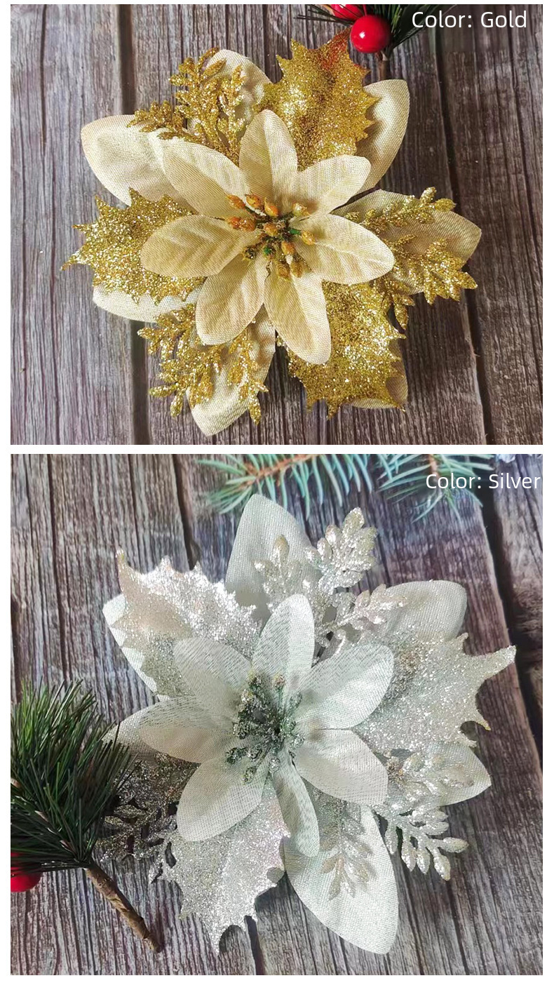 Spot all'ingrosso singolo oro polvere fiore di Natale simulazione fiore albero di Natale ciondolo decorativo fiore corona accessori regali per le feste_voghion.com