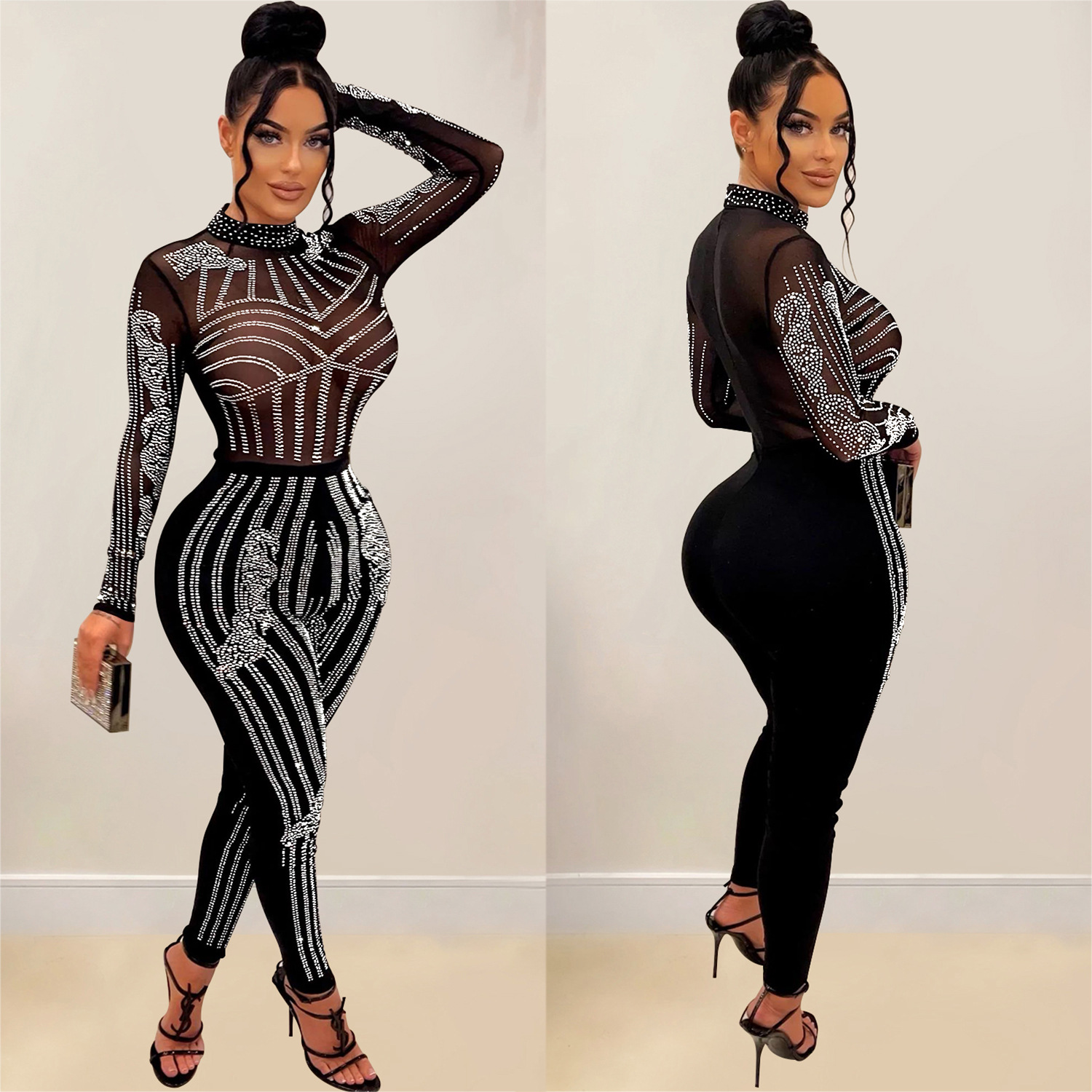 C6247 transfronteriza AliExpress Amazon europeo y americano de las mujeres de moda de color sólido de malla de diamantes de imitación de manga larga pantalones mono