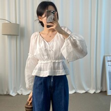 现货尺码更新韩国chic新款法式V领抽绳收腰泡泡袖雪纺衫