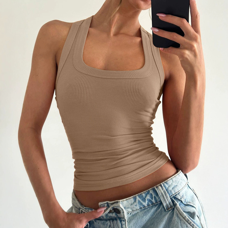 European and American Women's Clothing New Style 2025 Summer Fashion Spicy Girl U-Neck Solid Color Slim Fit Racerback Crop Top for Women Wholesale