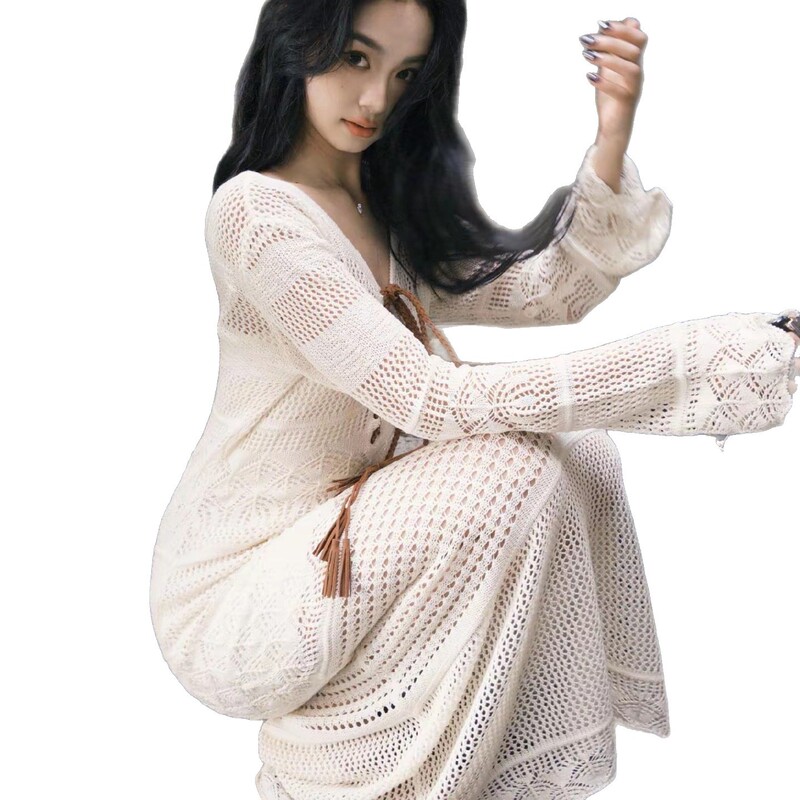 高级感法式镂空长袖白色连衣裙女夏季新款收腰显瘦别致绝美长裙子|undefined