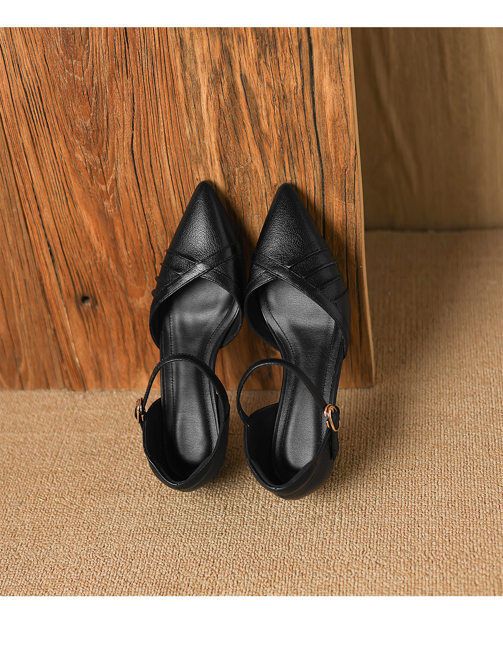 Giày sandal cao gót nữ quai ngang mũi nhọn da cừu gót 5,5 cm — đen chi tiết 23