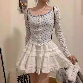 BM风甜美法式蛋糕裙女夏季2024新高腰显瘦设计感白色A字短裙半身