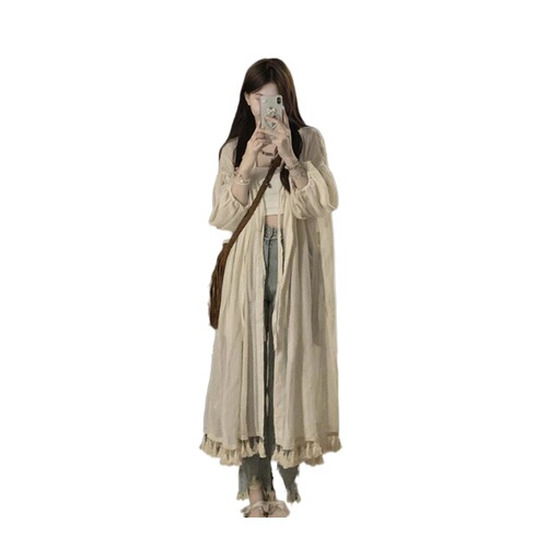 Yunnan Lijiang Tourist Women's Island Vacation Outfit Summer Sun Protection Long Sleeve Tassel Dress with Cardigan Outerwear