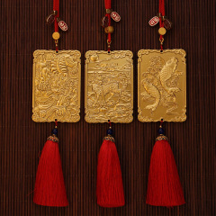 Entirely made of gilded brass, this large Pi Xiu car pendant features a Kirin design, paired with double-fish motifs and an imperial guard-style waist token—perfect for warding off evil, attracting wealth, and bringing prosperity to your home.