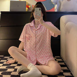 日系粉色小猪睡衣女夏季纯棉短袖短裤少女可爱开衫家居服两件套女