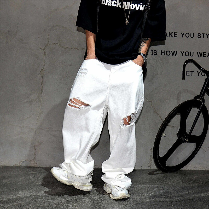 Unique Vibe White Ripped Wide-Leg Jeans for Men, American High Street Style, Cool and Loose Straight-Cut Stacked Long Pants