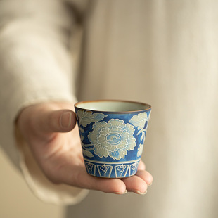 Jingdezhen Yuan Blue and White Peony Tea Cup Master Cup Guest Cup Tea Cup Ceramic Tea Set Ru Kiln Open Piece Kung Fu Tea Set