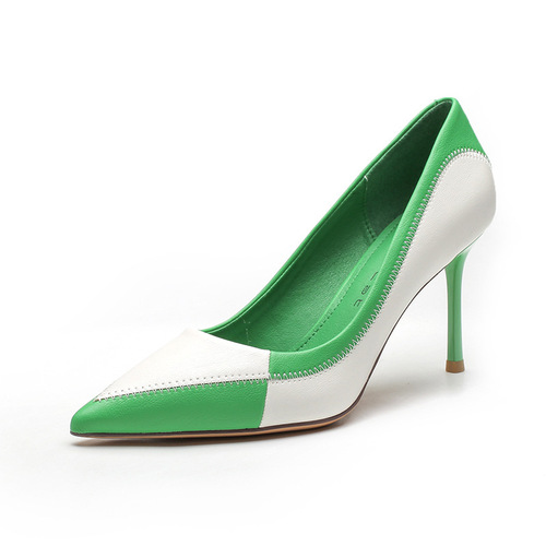 85507 Pointed toe color block high heels women's stiletto heels 2024 spring and summer new fashion versatile green shallow mouth single shoes