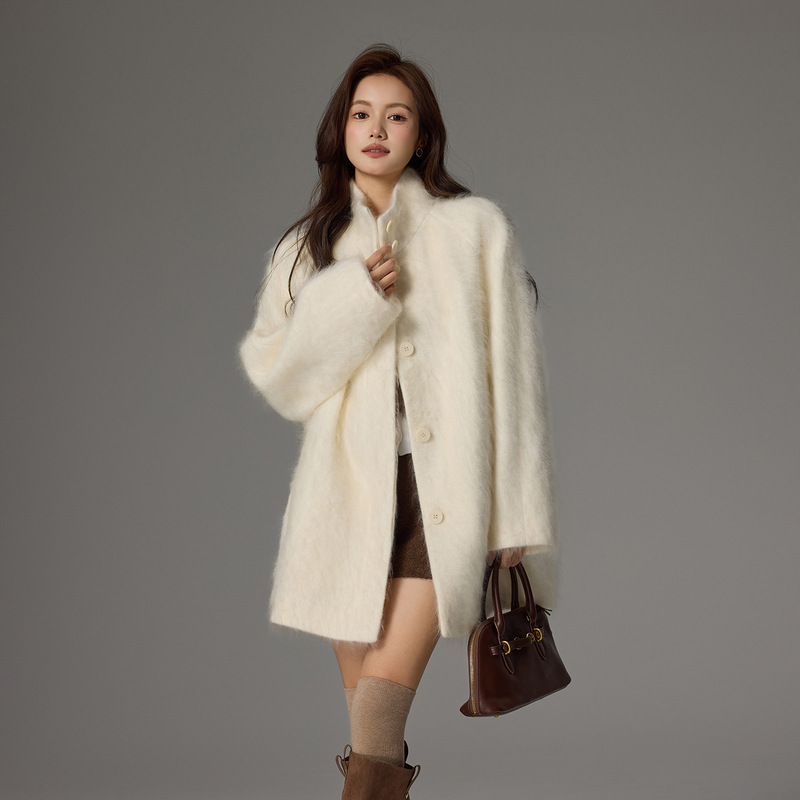 2025 New Autumn and Winter 10% Cashmere Brushed Outwear Mid-Length Thickeneded Long Hair Brushed Wool Outwear