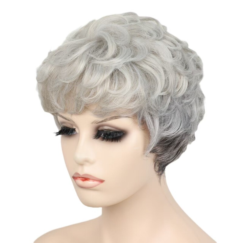 European and American Short Curly Wig for Elderly, Fashionable Granny Gray Curly High-Temperature Fiber Wig for Men and Women, Performance Art Wig