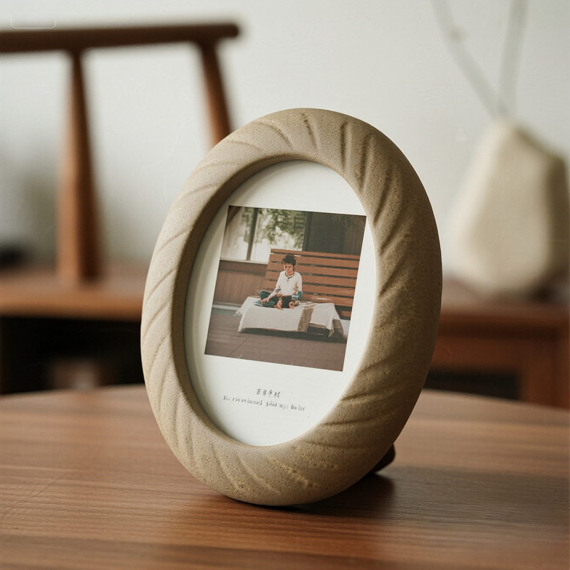 Retro Texture Ceramic Oval Photo Frame Wabi-Sabi Style Desktop Photo Frame Creative Home Decoration Picture Frame Supply