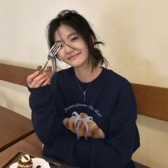 藏蓝色卫衣女2025新款秋季薄款宽松圆领初中高中学生长袖上衣服