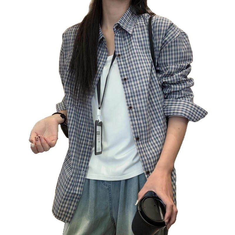 韩版蓝色格子长袖衬衫女春秋2025新款慵懒风衬衣外套宽松显瘦上衣|undefined