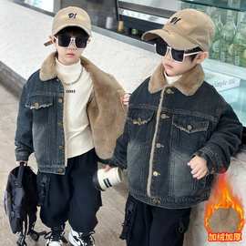 男童加绒牛仔外套冬款2024新款儿童痞帅复古男孩宝宝加厚衬衫外套