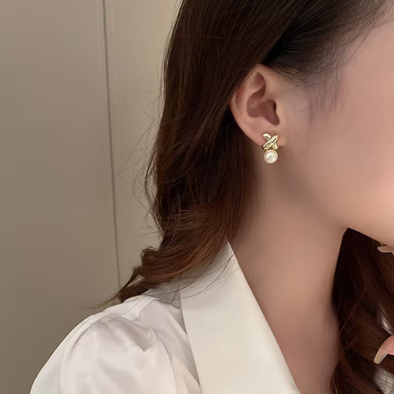 S925银针耳环港风复古交叉珍珠耳钉环保材质优雅简约名媛气质耳饰|undefined