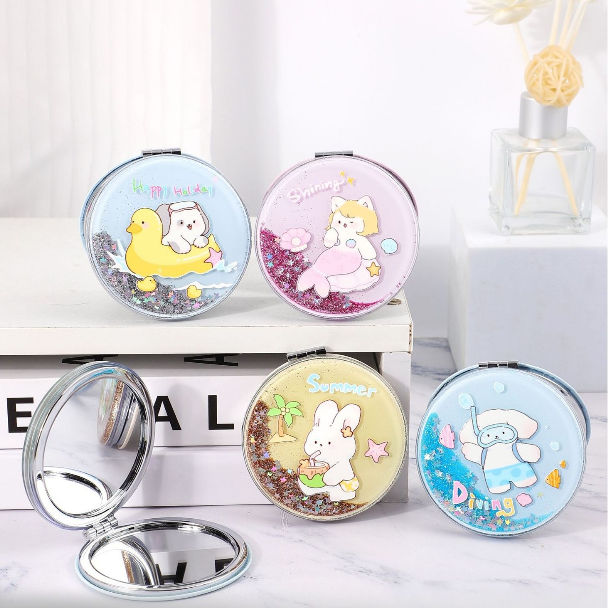 Espejos de moda de arena flotante de polvo brillante espejo de doble cara espejo HD para dibujar regalos personalizados