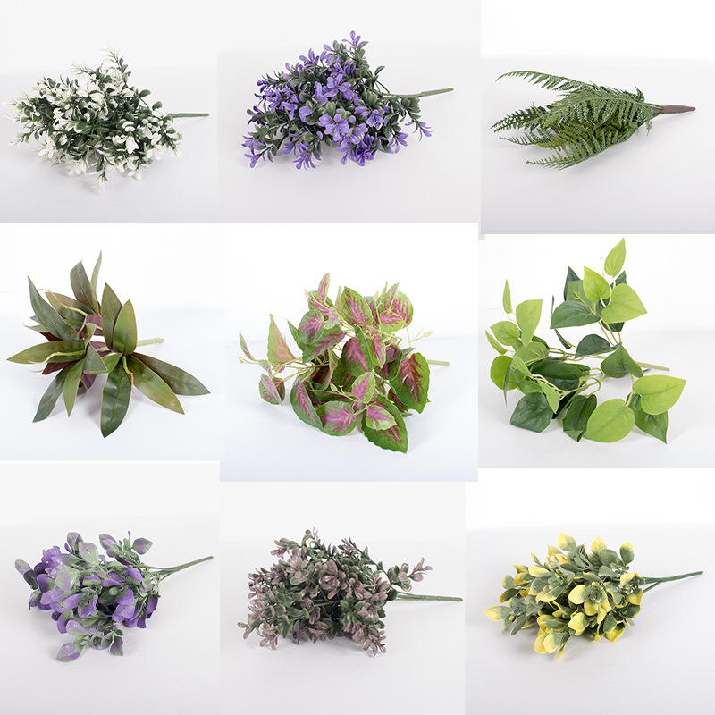 Plantas verdes falsas, decoración de paredes, hojas de plantas de simulación, arreglos florales de pared de fondo, 7 cabezas, lavanda de perilla