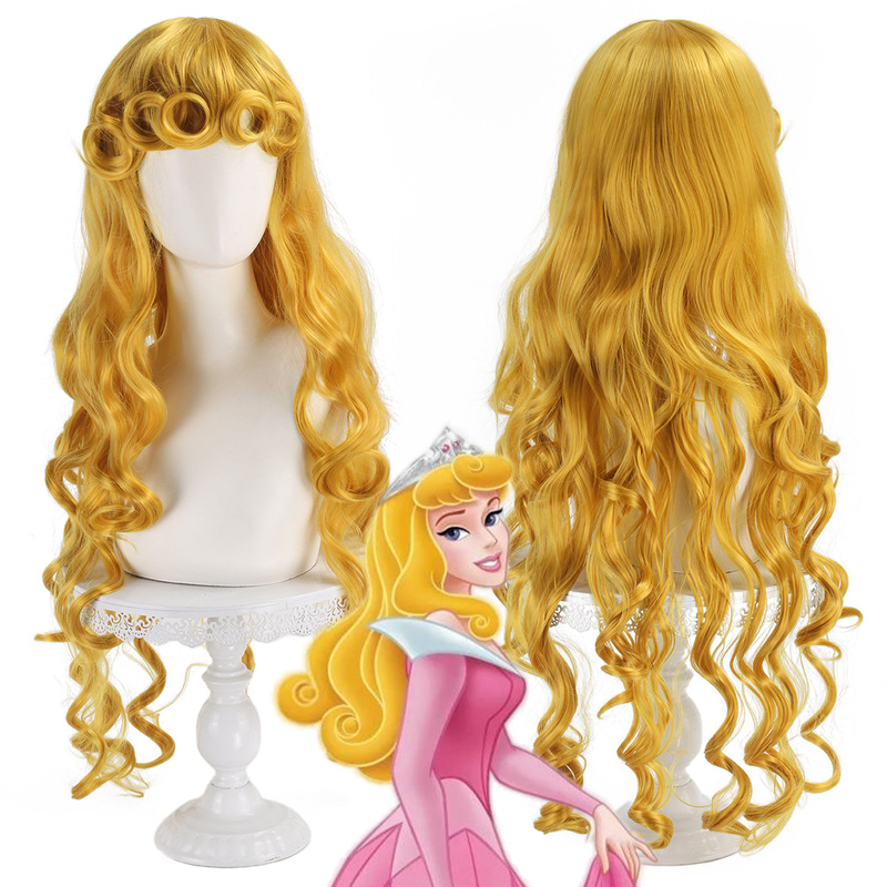 Princess Aurora Cosplay Wig from Sleeping Beauty, Long Golden Anime-Style Curly Hair