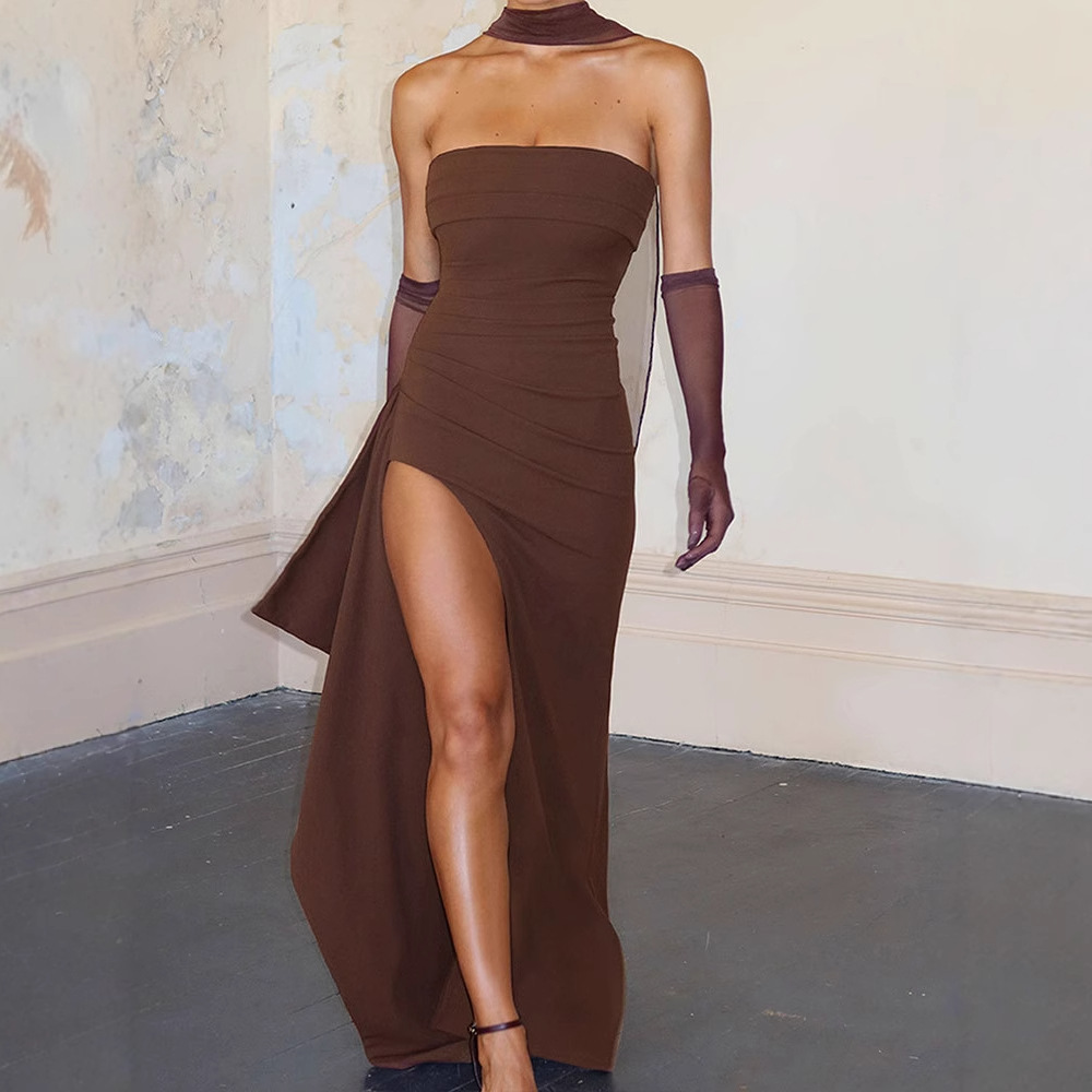 Ad251 European and American Cross-Border Spring & Fall New Sexy Fashion Tube Top Pleated Slit Bandage Backless Dress