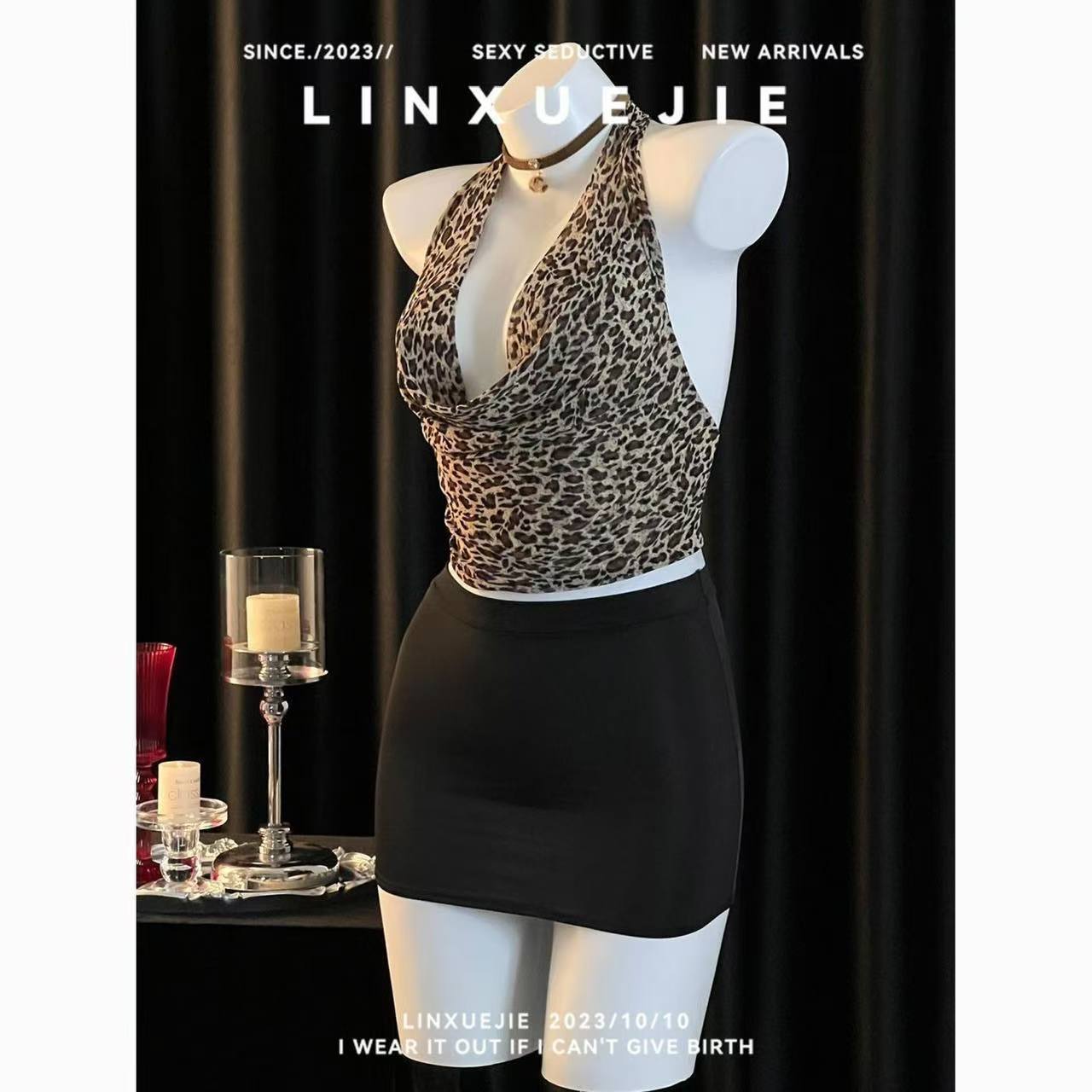 Leopard Print Open-Bust Secretary Costume Bodysuit, One Size Polyester Lingerie Set — detail image 4