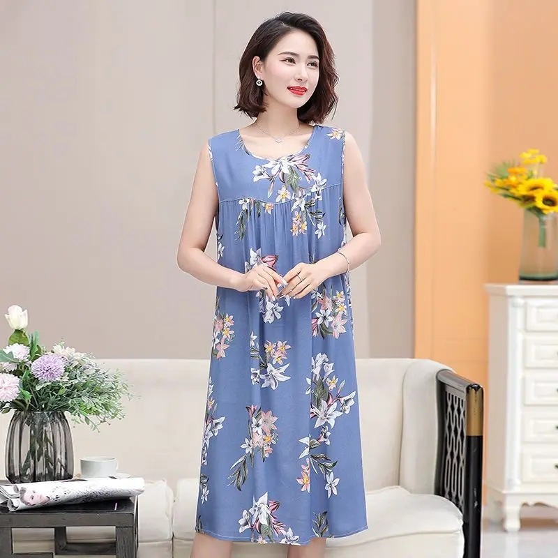 棉绸睡裙睡衣女夏款宽松大码中长款裙子人造棉家居服无袖连衣裙|undefined