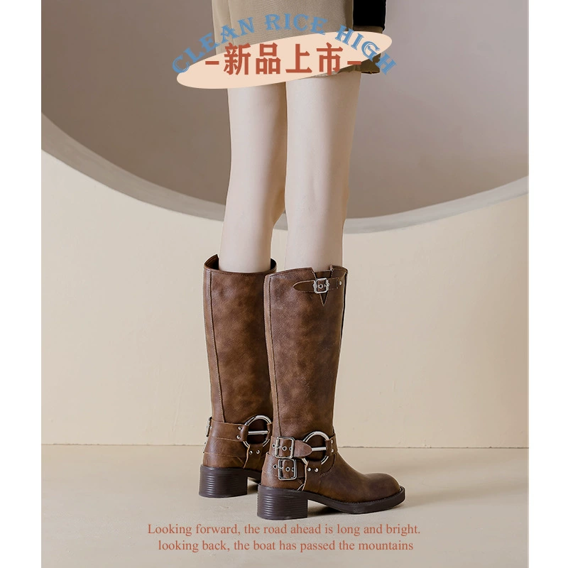 Cavaliers Boots Women's Rough Heading High Boots 2024 Winter Retro Merades Western denim boots, but knee boots