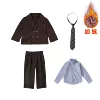 Fleece brown set, jacket, trousers, blue colored shirt, tie, 4 piece set