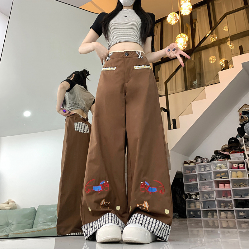子供っぽい刺繍入りの頑丈な綿パンツ、女性用春と夏のレトロな多用途のルーズストレートカジュアルロングパンツ|undefined