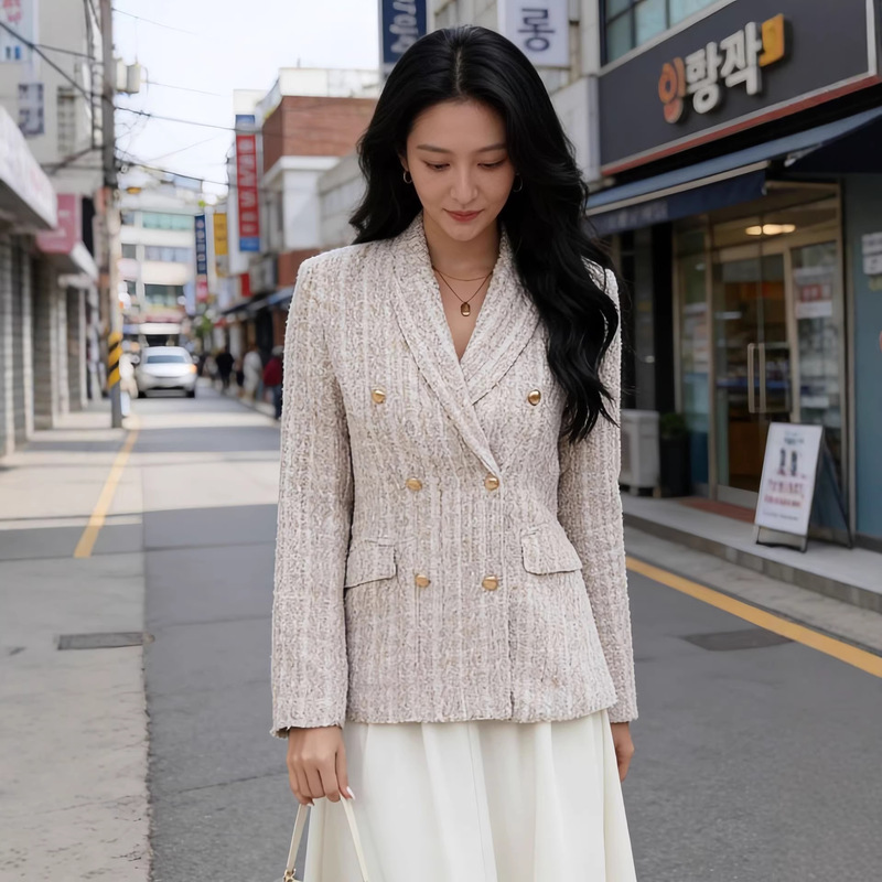 Top&Za Autumn New European and American Style Women's Textured Double-Breasted Slim-Fit Blazer Tweed Chanel-Style Top&Za Autumn New European and American Style Women's Textured Double-Breasted Slim-Fit Blazer Tweed Chanel-Style