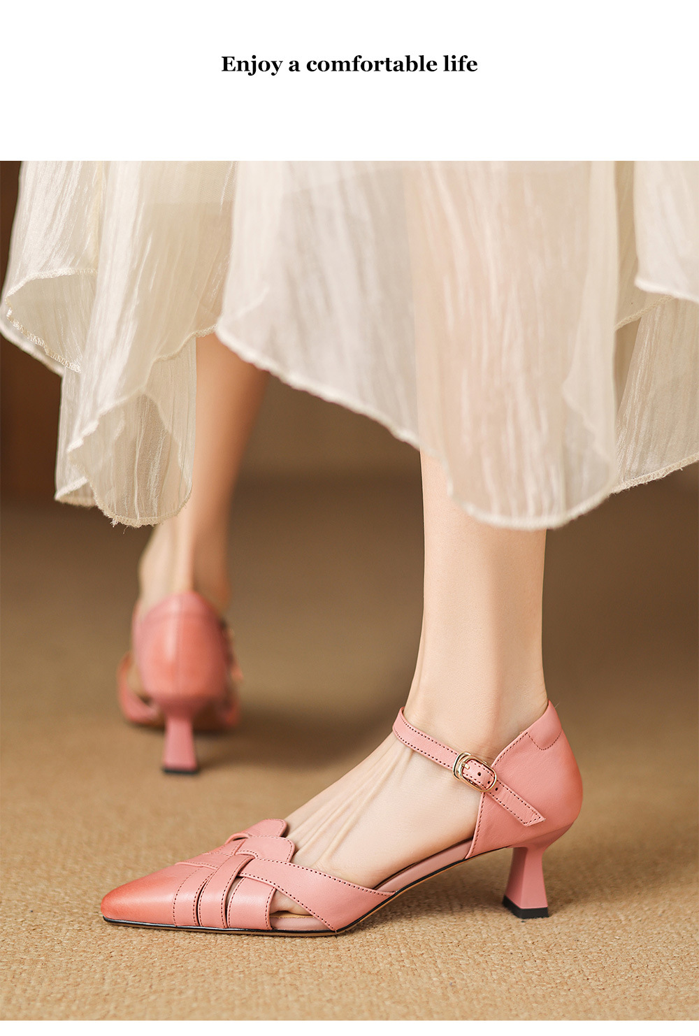 Giày sandal cao gót nữ quai ngang mũi nhọn da cừu gót 5,5 cm — đen chi tiết 16