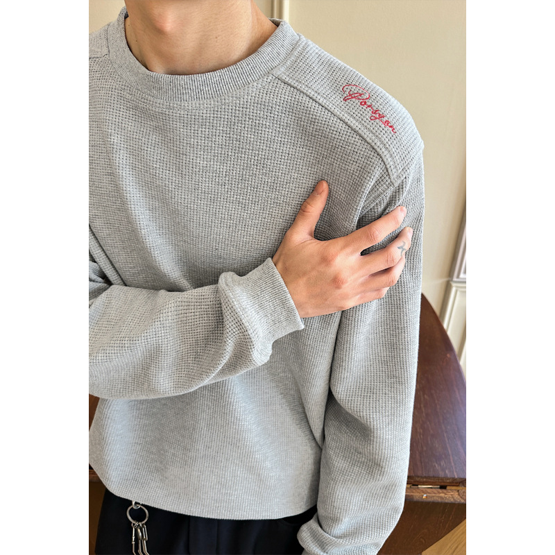 American-style Waffle Long-sleeve T-shirt For Men, Spring Honeycomb Red Label Embroidered Sweatshirt, Trendy Brand,_voghion.com
