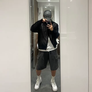 潮流个性设计感外套镂空网格连帽早春薄款长袖针织开衫防晒衣男士