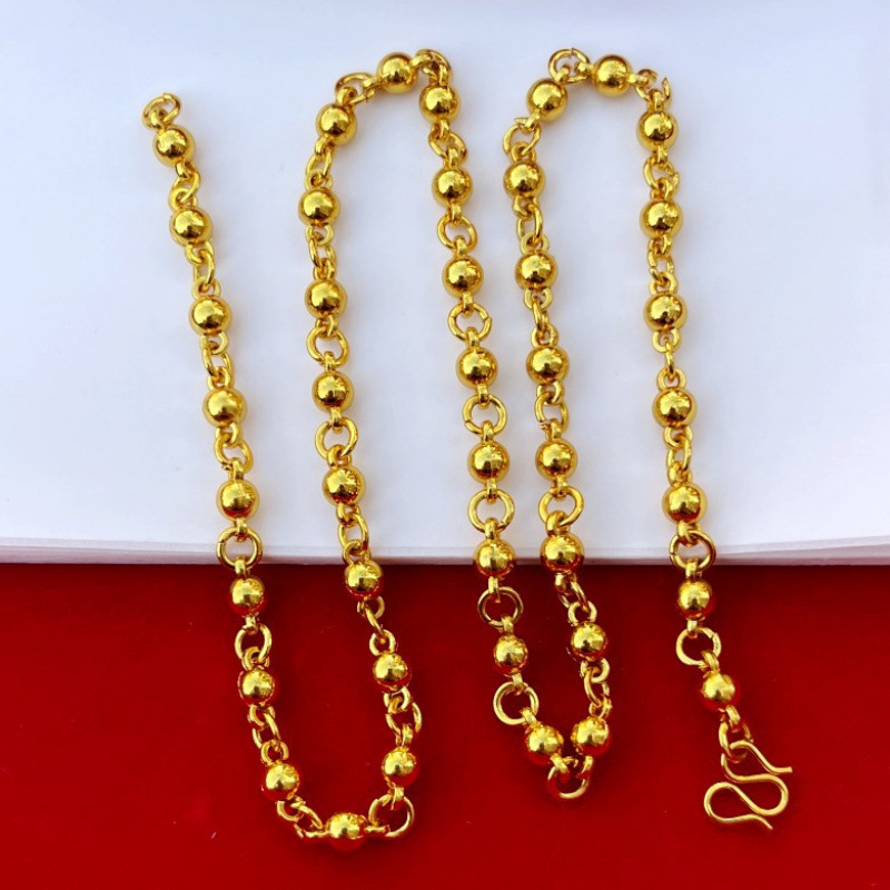 Live Broadcast Couple's Solid Gold Round Bead Necklace 18K Gold-Plated Men's Necklace Simple and Elegant Buddha Bead Gold Chain Gift