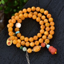 天然老蜜蜡蜜蜡三圈手链尺寸8.1毫米配南红玛瑙貔貅和田玉猛犸