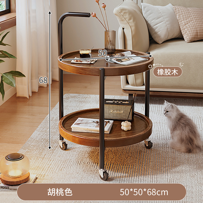 移動可能なサイドのリビングルームの家庭用の小型タイプのプーリー付きのお茶の実木の小さい円卓の置物棚の円形のカート|undefined
