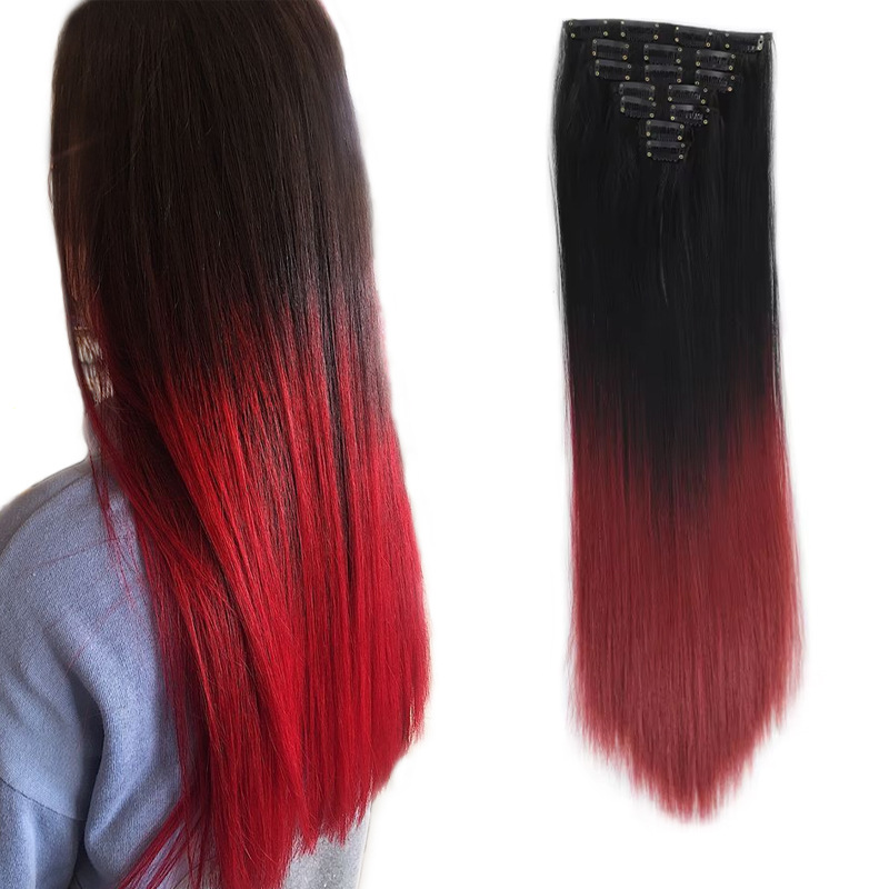 Clip Seven-Piece Set Color Gradient Rivet Craft Extensions Synthetic Hair Wig_voghion.com