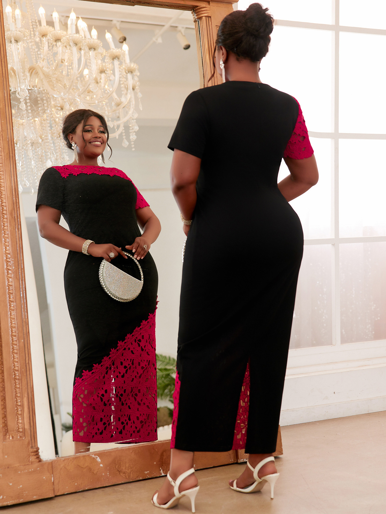 Women's Elegant Lace Stitching Asymmetric Dress Plus Size Floral_voghion.com