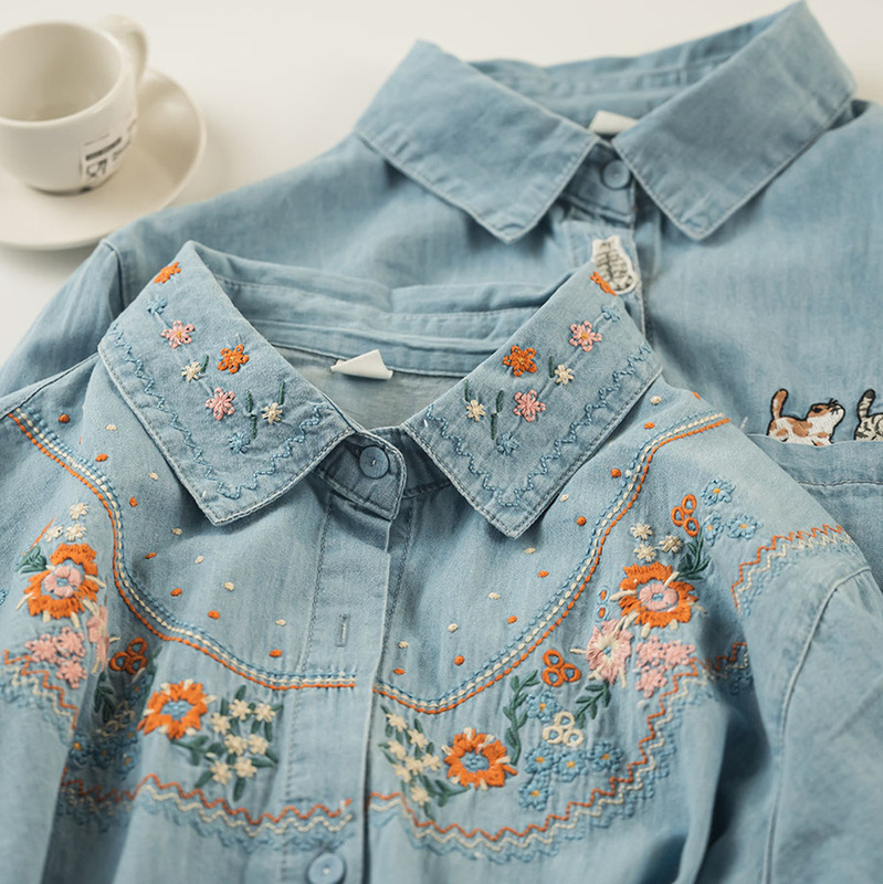 Embroidered Washed Denim Long-sleeved Shirt Women's Spring and Autumn New Artistic Japanese Style Cute Age-reducing Single-breasted Shirt Embroidered Embroidered Washed Denim Long-sleeved Shirt Women's Spring and Autumn New Artistic Japanese Style Cute Age-reducing Single-breasted Shirt Embroidered