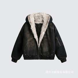 GUO WEAR2024新款冬季水洗牛仔棉服加绒外套美式街头废土风棉批发